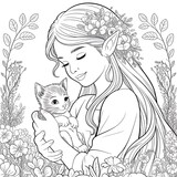 Adorable Coloring Page of an Elf Girl with a Kitten