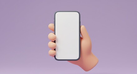 Cartoon hand holding a blank smartphone for mockup and application interface advertising on isolated purple background perfect for tech promotion