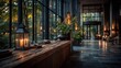 © IQBAL NURANTOKO - Tranquil hotel lobby with warm lighting, wooden surfaces, and greenery