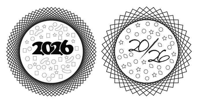 2026 geometric badge with decorative shapes and spiral lines