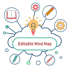 Poster - Editable mind map infographic with central idea bubble and multiple colored branches, each with icon and text box, ideal for brainstorming visuals