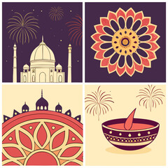 Poster - Editable Diwali card templates with diya lamps, rangoli patterns, fireworks, and colorful vector backgrounds, festive and culturally rich illustrations