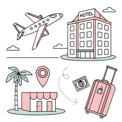 Poster - Travel and tourism UI icons – flight, hotel, location pin, itinerary, passport, suitcase – vector format in pastel color theme