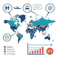 Poster - World map infographic with editable country markers, population statistics, transport icons, and data bubbles, in a tech-style vector design