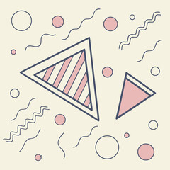 Poster - Abstract geometric pattern backgrounds with Memphis design elements — squiggles, triangles, and colorful dots, in a trendy pastel color palette, seamless vector layout