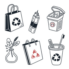 Poster - Zero waste and sustainable lifestyle vector icons set – reusable bags, bamboo toothbrushes, recycling bins, eco-living in a minimalist flat style