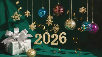 Wall Mural - christmas decoration with a gold and silver box and a bunch of colorful balls hanging from the ceili