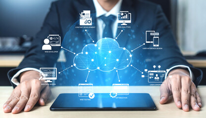 Poster - Cloud computing, cloud strategy, and cloud technology transforming digital infrastructure with scalable services, secure data storage, and cloud-based digital business solutions. Spline