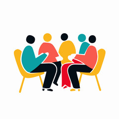 Poster - Abstract colorful flat vector illustration of five diverse people seated in a circle on modern chairs engaged in discussion representing teamwork support communication and collaboration concepts