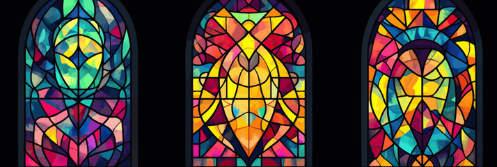 Poster - Colorful stained glass windows with intricate geometric patterns in vibrant blues reds yellows flat minimalist vector design art inspiration church decor element background