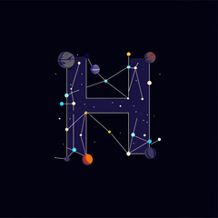 Poster - Letter H composed of interconnected stars planets and cosmic elements in space constellation style dark background vector illustration for science astronomy concept design