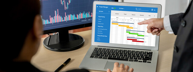 Poster - Project planning software for brisk business project management on the computer screen showing timeline chart of the team project