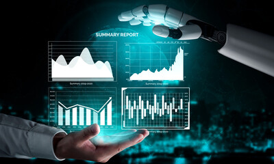 Poster - A robotic hand reaches toward holographic summary reports and charts, symbolizing advanced data analysis in a modern business environment. Impute