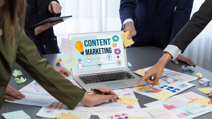 Poster - Analyst team use sticky note for creative and analytic brainstorm for business idea with BI data dashboard on laptop screen. Analysis financial data visualization tech for marketing strategy. Prodigy