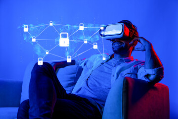 Poster - A man experiences virtual reality while surrounded by digital security elements, highlighting the importance of data protection and cybersecurity in today tech-driven world. XDMCP