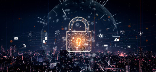 Poster - Cyber security safeguards data and systems. Cyber security uses AI, digital security protects cloud, Cyber security defends finance, and ensures access control. Vouch