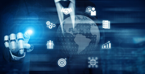 Poster - AI artificial intelligence supports global marketing with virtual analytics, cross-border planning, and smart financial tools for strategic international growth. Vouch