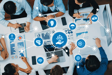 Poster - A diverse group of professionals collaborating on ethical decision-making in a modern workspace, utilizing technology and data analysis to enhance justice and fairness in business. Amity