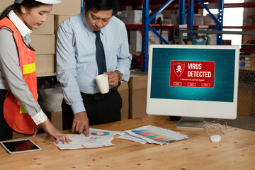 Poster - Computer with green screen display in warehouse storage room . Delivery and transportation software concept .