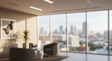 Blurred modern office interior with large windows and bright daylight. Abstract business background concept.