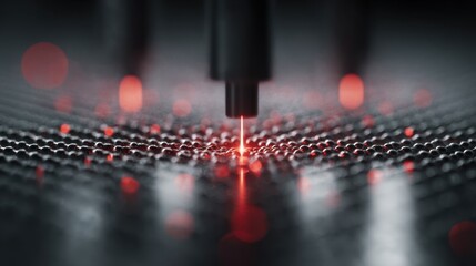 Poster - Red laser beam interacting with a structured surface at the atomic level, showcasing the dynamic interplay of light and matter in advanced technological applications