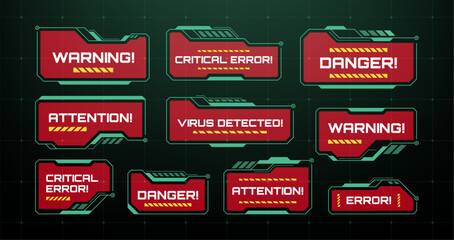 Poster - Collection of red and green HUD interface warning message boxes for alerts, system failure, danger, attention, and errors.