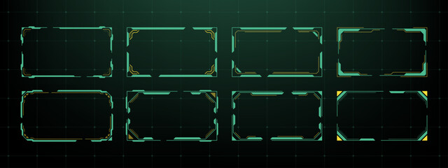 Poster - Set of hud frame vector elements with retro color. Futuristic user interface grid abstract techno border design for game or presentation.