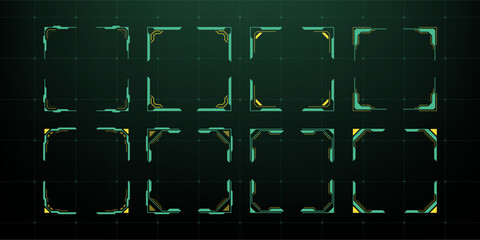 Poster - Set of green and yellow corner frames on dark grid background. Futuristic heads up display elements design for technology.
