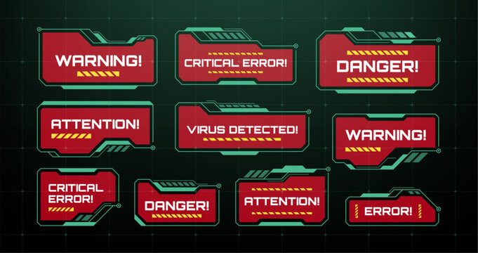 Collection of red and green HUD interface warning message boxes for alerts, system failure, danger, attention, and errors.