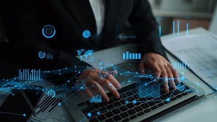Poster - A business professional is seen focused on analyzing data using a laptop, surrounded by visualizations of charts and graphs indicating financial trends in a modern office setting. Xenic