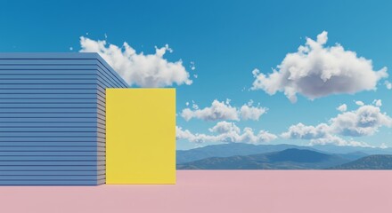 Poster - Geometric Shapes in Nature's Embrace: A minimalist composition of blue and yellow geometric shapes harmonizes with a scenic landscape of fluffy clouds, clear blue sky, and majestic mountains.