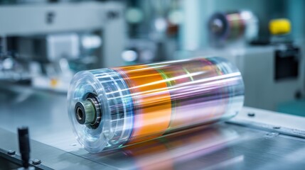 Poster - Rolling flexible oled material on a production line, glistening surfaces and intricate layers showcase advanced technology, promising innovation for future displays