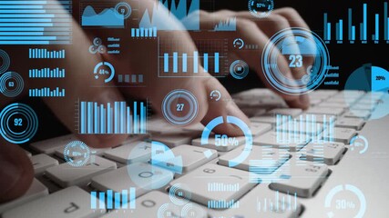 Poster - A close-up of a hand typing on a keyboard, with floating digital data visualizations and graphs, showcasing analysis and statistics in a modern workspace setting. Xenic