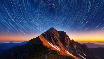 Wall Mural - star paths over the mountain peak dark blue and orange space journey and natural greatness