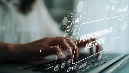Poster - Businesswoman Analyzing Performance Metrics on Digital Interface with Graphs and Data Visualizations. Asymptotic smart data analytic.