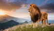 © Aurora - the sixth day of creation a majestic lion stands in a blooming mountain landscape to mark the day when diverse fauna was created on earth