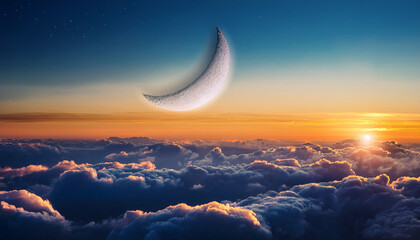 Wall Mural - crescent moon above cloudscape at sunset peaceful scene