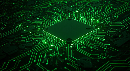 Poster - Close up of a green glowing computer chip with intricate circuit patterns and a central processor unit