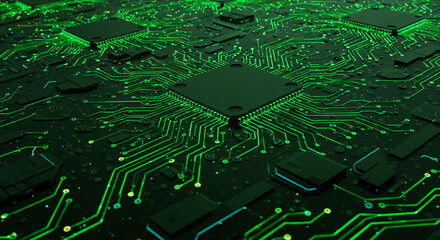 Poster - A close up view of a green computer circuit board with chips and glowing pathways and components