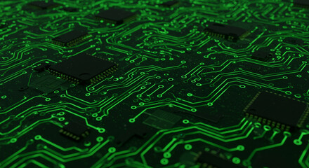 Poster - A close up view of a green circuit board with integrated chips and glowing traces in a dark setting
