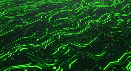 Poster - A close up of a green circuit board with glowing traces and intricate connections visible in detail