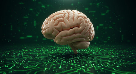 Poster - A human brain resting on a green circuit board with a dark green background and a light shining above