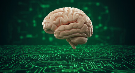 Poster - Anatomical brain model resting on a green circuit board background with blurred green lights behind it