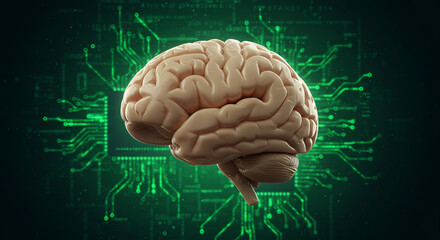 Poster - Anatomical brain model against a green circuit board background with glowing green lines and connections