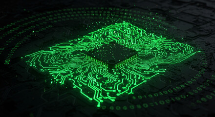 Poster - Glowing green circuit board pattern with binary code on a dark surface for technology background use