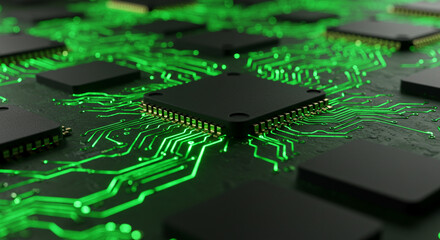 Poster - A close up view of a motherboard with black chips and glowing green circuits in a dark environment