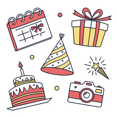 Poster - Event planning and celebration vector pack: calendar, party hat, invitation, gift, cake, camera, flat colorful line icons on white