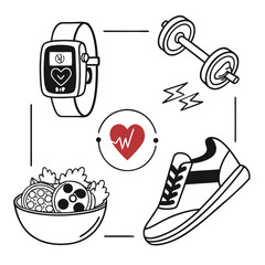 Poster - Fitness and healthy lifestyle minimal vector set: workout, meal prep, hydration, meditation, heart rate, gym gear, white background
