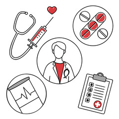 Poster - Set of clean medical and healthcare icons: stethoscope, heart, doctor, pills, syringe, report, white background, minimal vector bundle