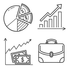 Poster - Set of minimalist business and finance icons: analytics, growth chart, briefcase, investment, digital wallet, white background, line vector style